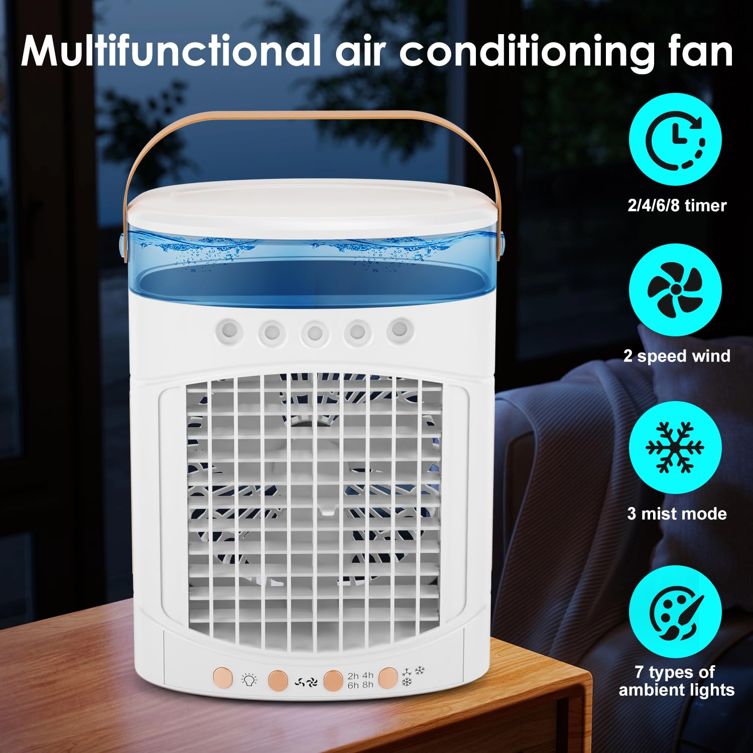 Ventiladores portátiles de aire acondicionado, ventilador portátil 4 en 1 con tanque de 23.7 fl oz, 2 velocidades y luces LED de 7 colores, mini unidad evaporativa de CA para campamento, oficina 7