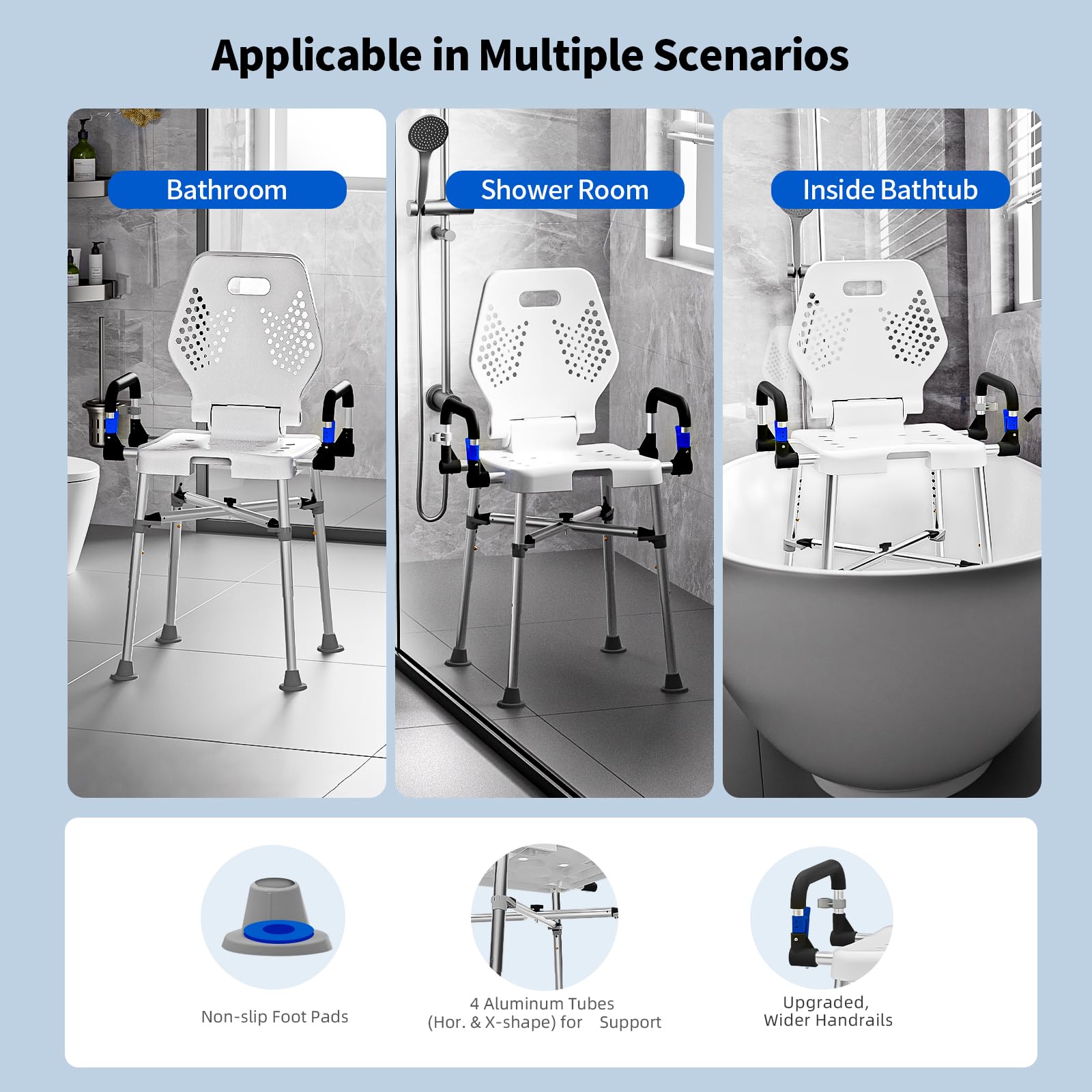 Silla de ducha para ancianos y discapacitados con brazos y espalda, silla de ducha para personas mayores, discapacitados o adultos bariátricos, asiento de banco para ducha interior y bañera de baño