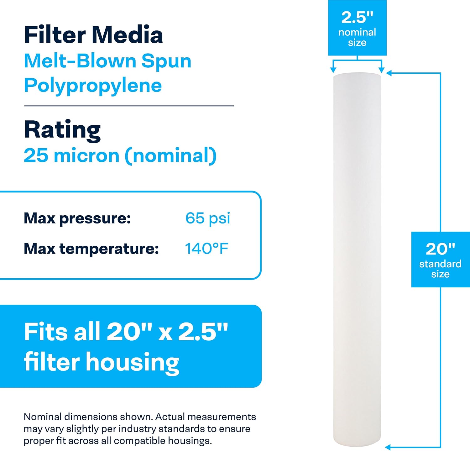SpiroPure SP-P25-20 20x2.5 25 Micron Spun Melt-Blown Polypropylene Sediment Water Filter Cartridge P25-20 155226-43 (Case of 20)