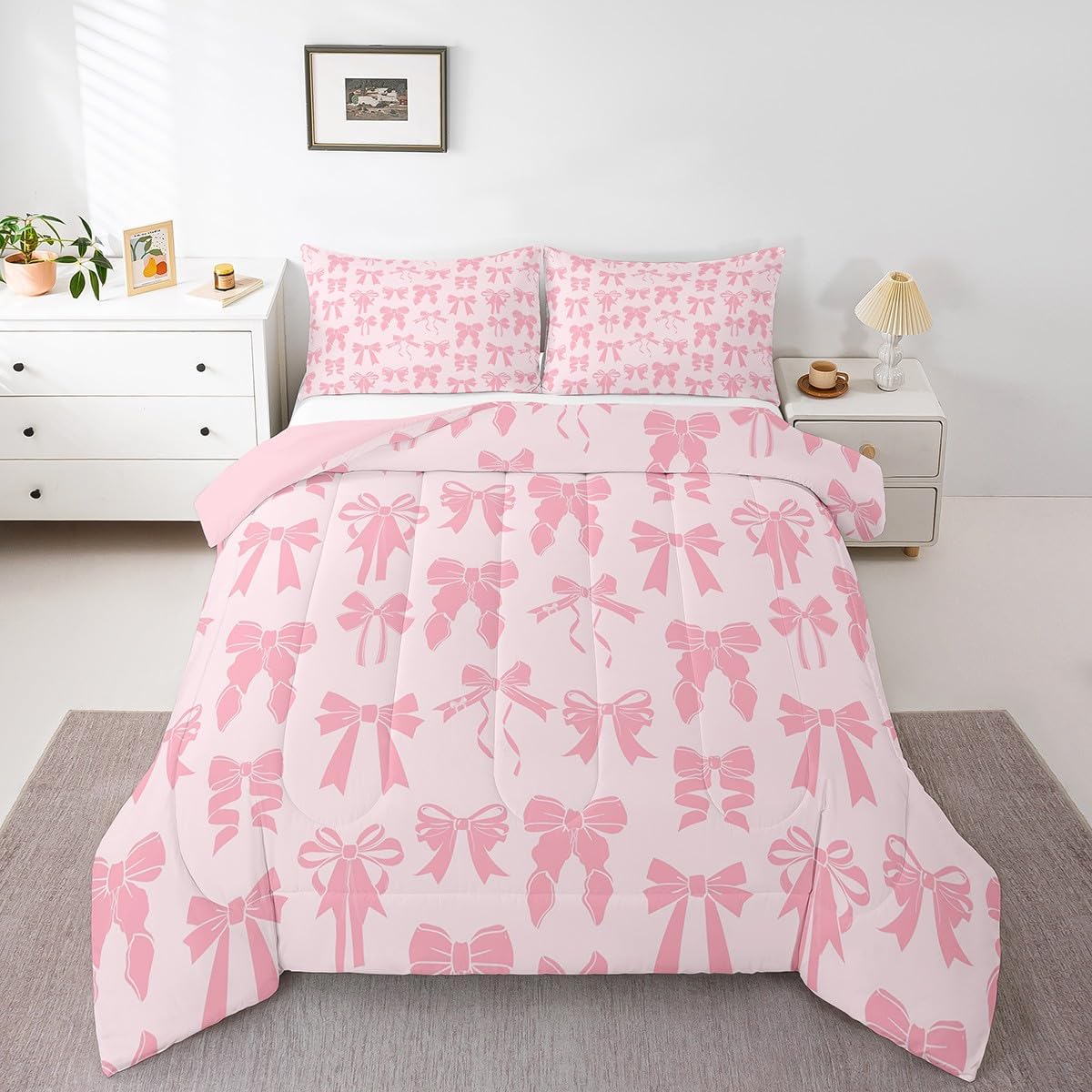 Feelyou Watercolor Bow Comforter Set Toddler Pink Bowknot Comforter for Kids Teens Adults Cute Bowknot Bedding Set Dreamy Princess Style Duvet Set Room Decor 2Pcs with 1 Pillow Case