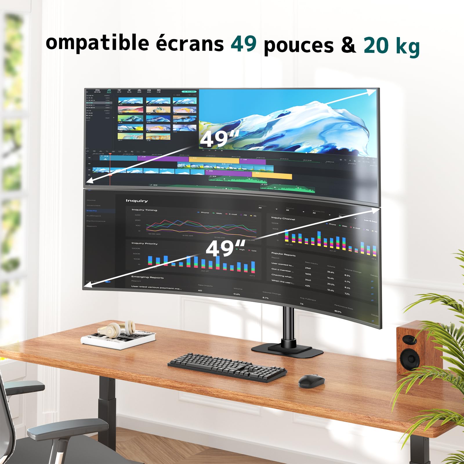 Bras Double écran Robuste pour écrans de 17 à 49",Réglable 360° & VESA Rapide, Compatible Écrans Plats/Curved, Gestion Câbles & Gain de Place