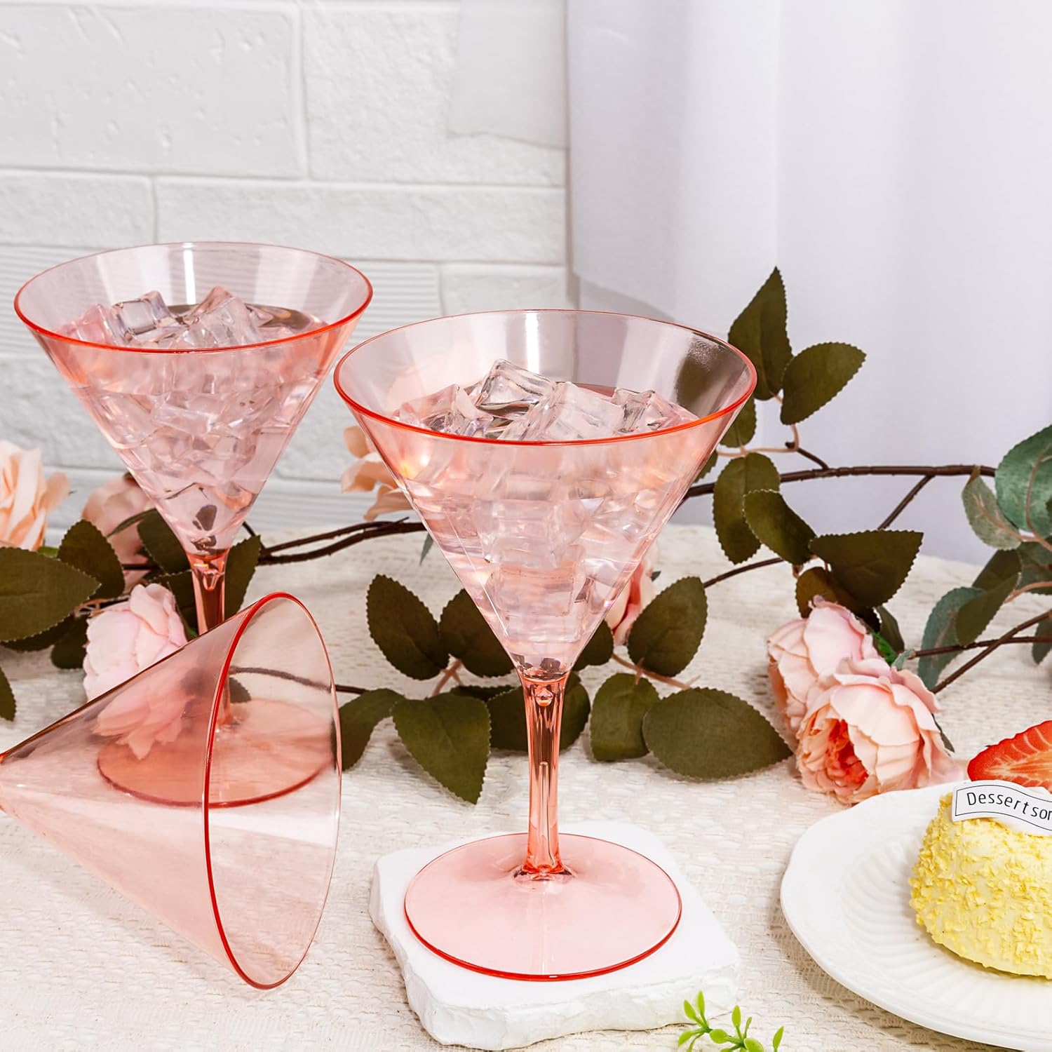 Liacere Martini Glasses Set of 6-11 oz Pink Plastic Martini Cocktail Glasses with Stem-Reusable Cocktail Glasses for Bar,Margarita,Whiskey,Gin,Tequila,BPA-Free, Dishwasher-Safe ＆ Summer Party