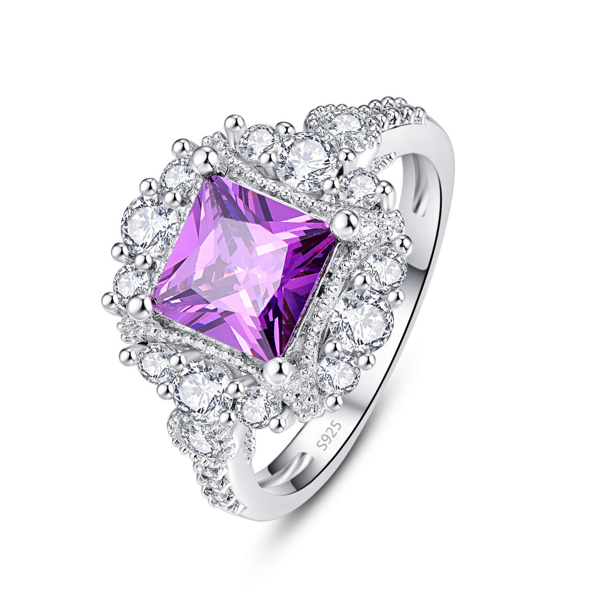 Empsoul 925 Sterling Silver Flower Ring Princess Cut Simulated Amethyst Wedding Ring Mother's Day Gift