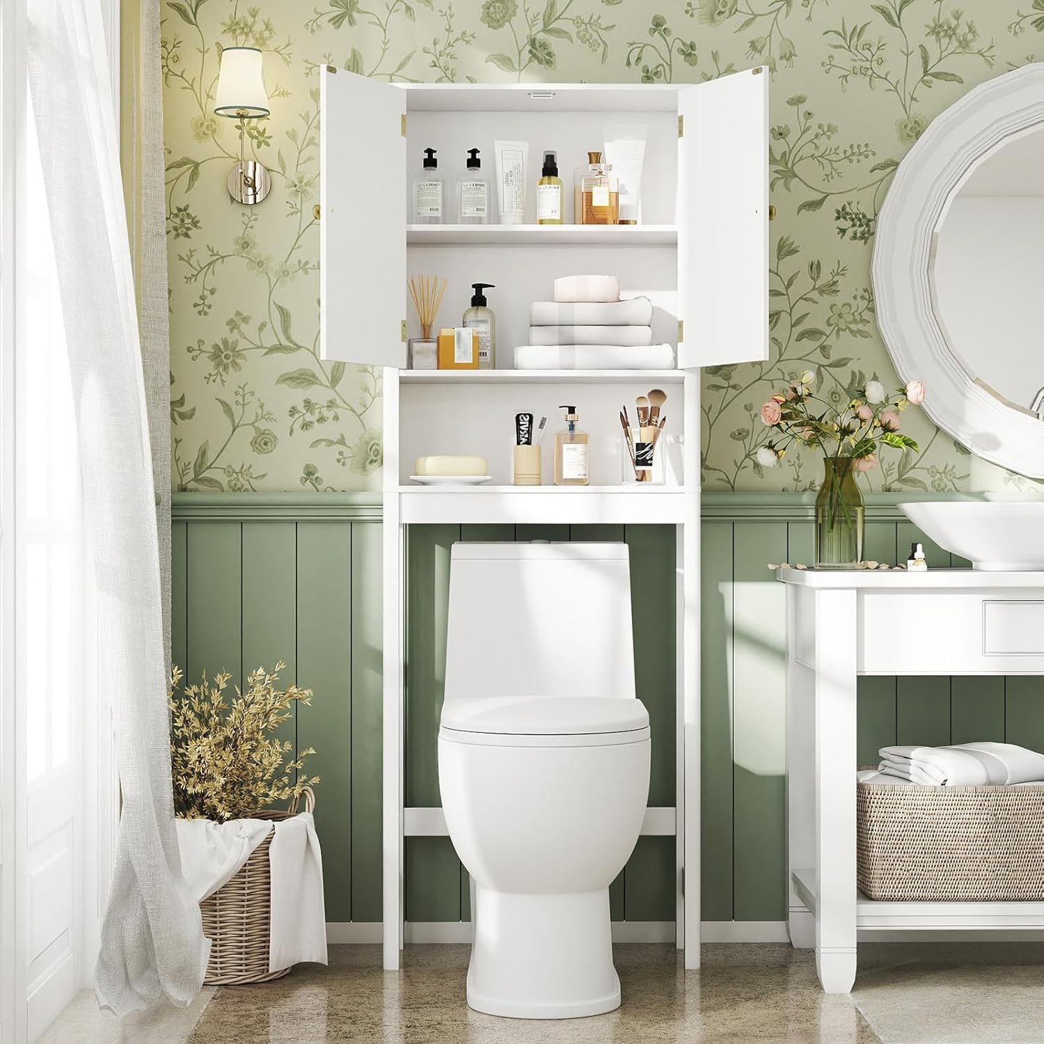 GIANTEX Mueble Organizador sobre Inodoro, Armario de Pie con 2 Puertas y 1 Compartimento Abierto, Estante Inferior Ajustable, 60 x 23 x 168 cm, Estantería Alta para Baño, Lavadero (Blanco)