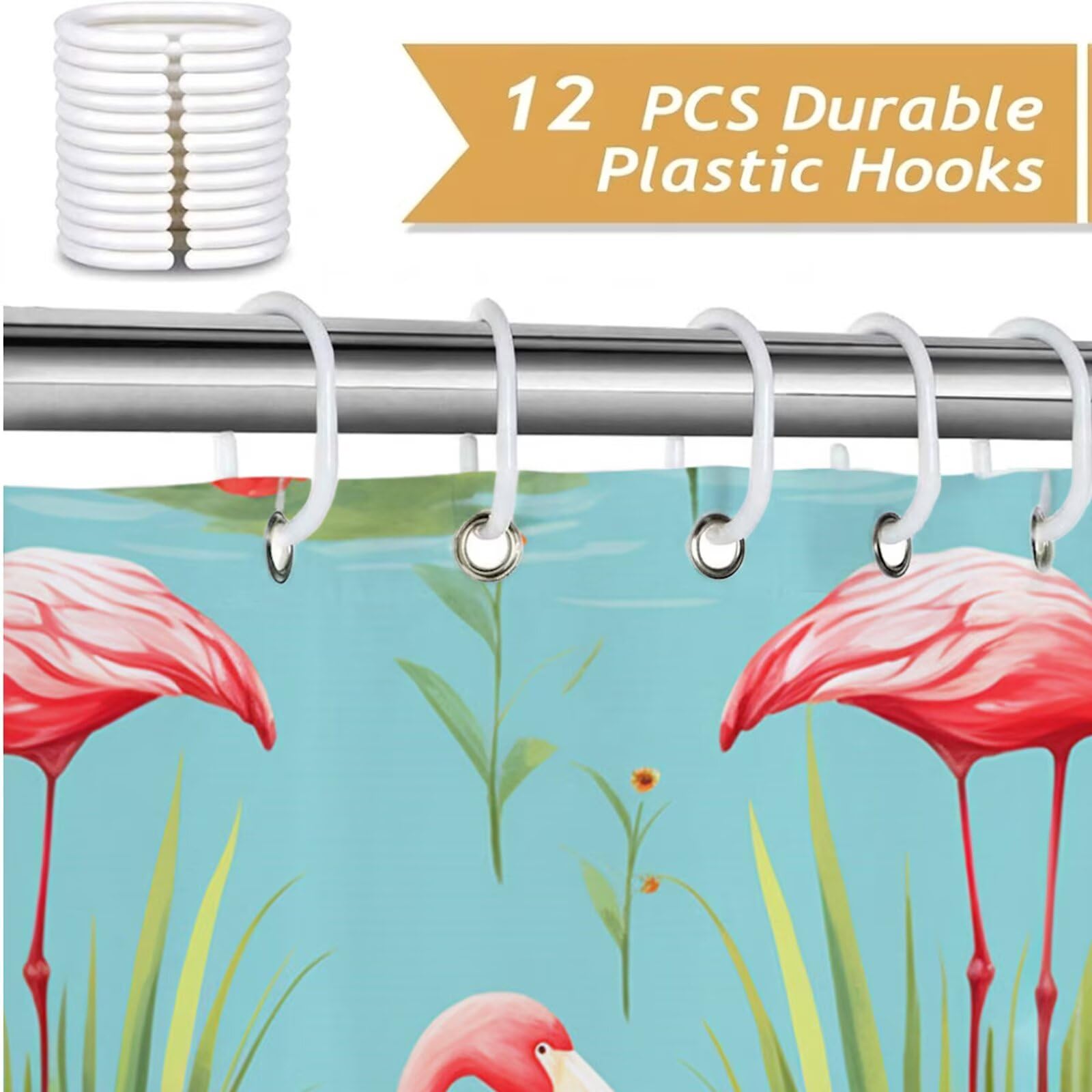 Duschvorhang 240x200 cm Anti Schimmel - Blau Design - Wasserdicht & Waschbar Schnelltrocknender Polyester Stoff - Inkl. 12 Ringe und Gewicht Shower Curtain für Badezimmer Badewanne, Flamingos J8-548
