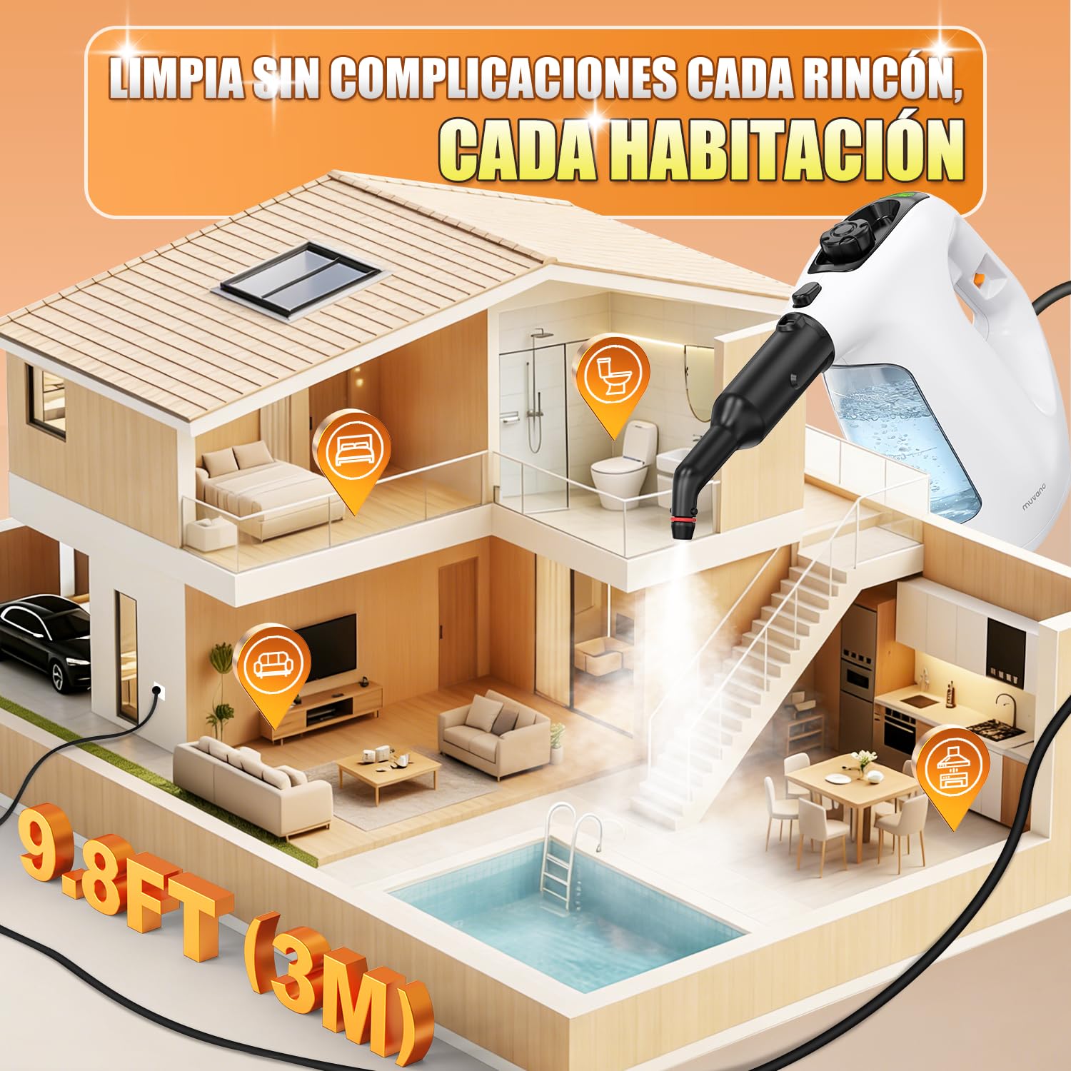 Limpiador a vapor de mano, tanque de agua visible de 450 ml; limpiador a vapor multiusos para cocina