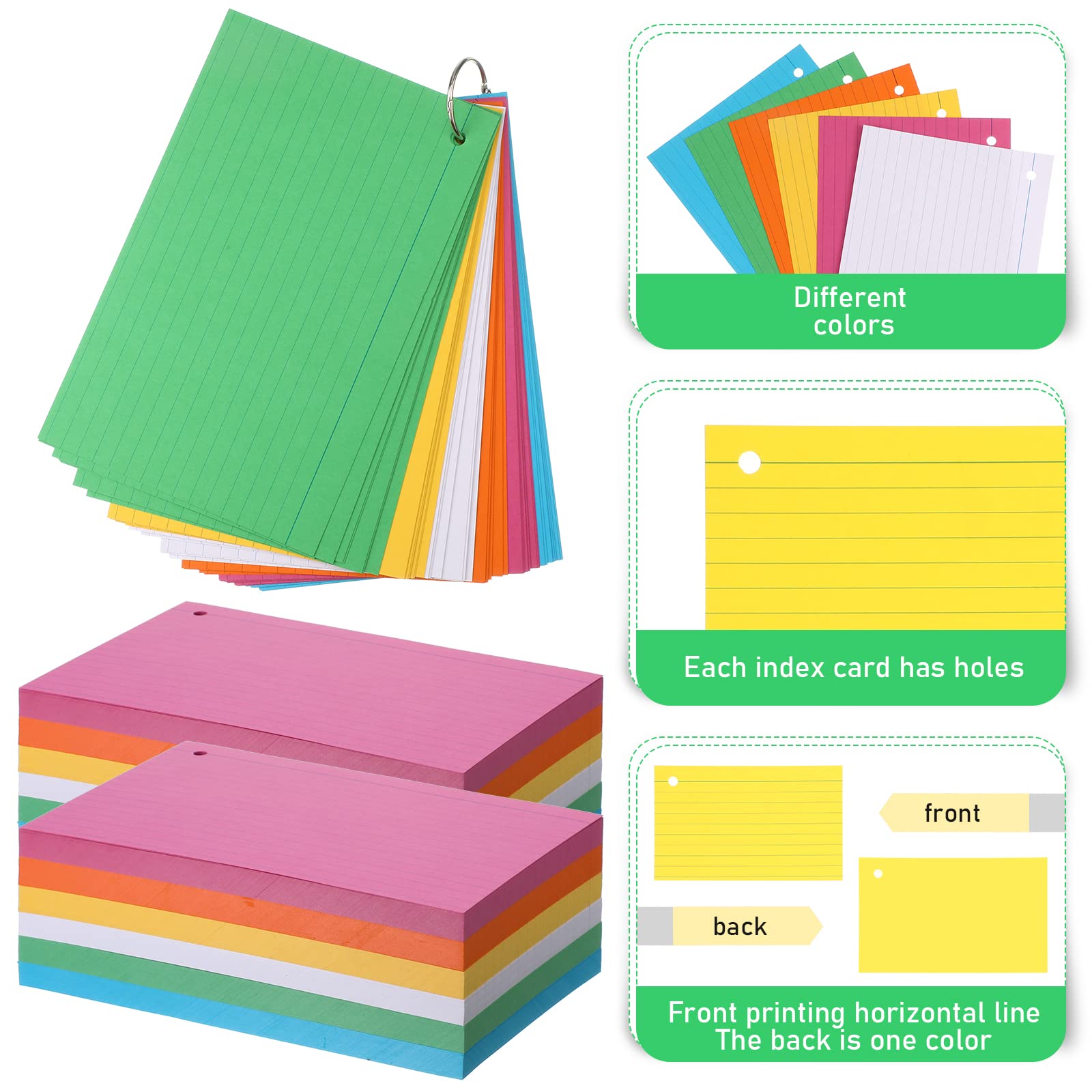 Leelosp 300 tarjetas de índice rayadas de colores con 6 anillos, tarjetas flash de estudio de color neón, tarjetas flash de estudio de un solo agujero, tarjetas de estudio de un lado para suministros