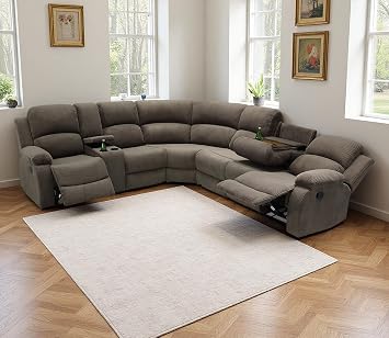 Fabric Reclining Sectional Sofa Set with 2 Manual Recliners for Living Room Furniture Sets, 6-Seat L-Shaped Corner Couch with Coffee Table/Cup Holders/Storage for Home/OfficeLatte
