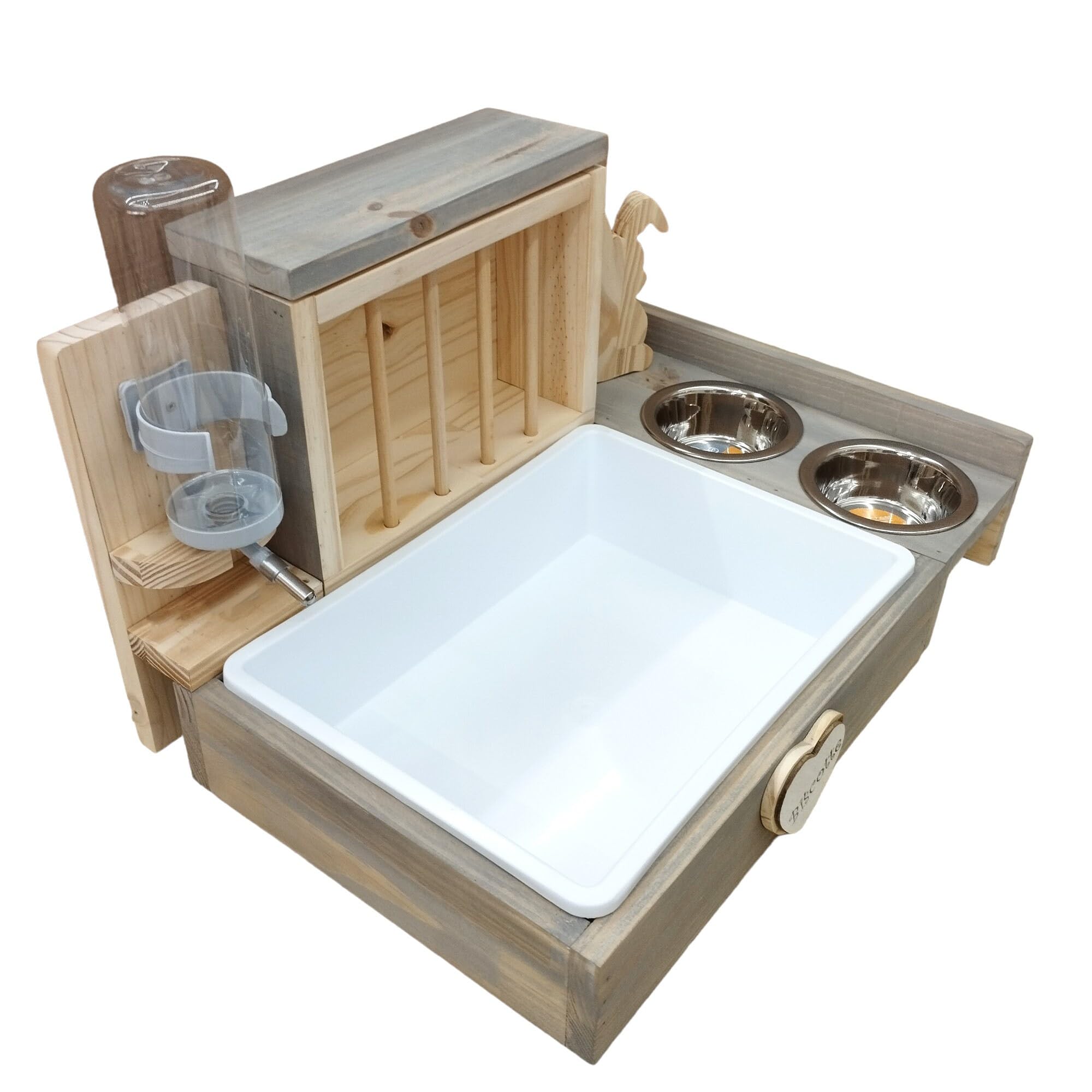 Lettiera artigianale in legno massello per conigli con mangiatoia fieno porta ciotole e beverino acqua (C1 Nuvola)