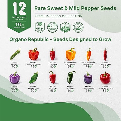 Miniatura 3 de Organo Republic Paquete variado de 12 semillas raras de pimiento dulce y suave, más de 770 semillas de pimienta de reliquia sin OMG para jardinería