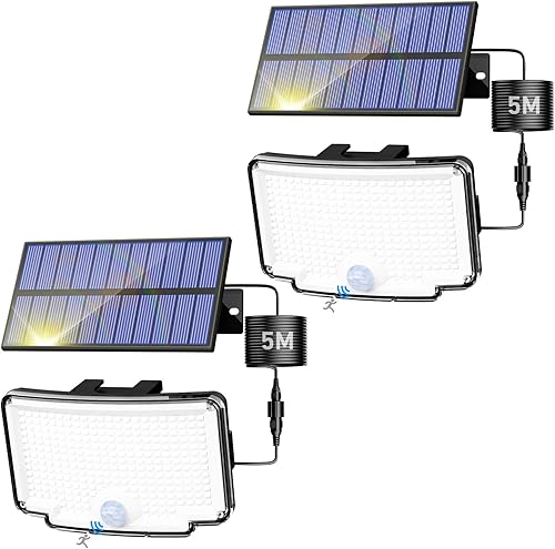 Peasur Paquete de 2 luces solares de movimiento para exteriores, 318 luces LED de seguridad solar con 3 modos, luces de inundación impermeables IP65