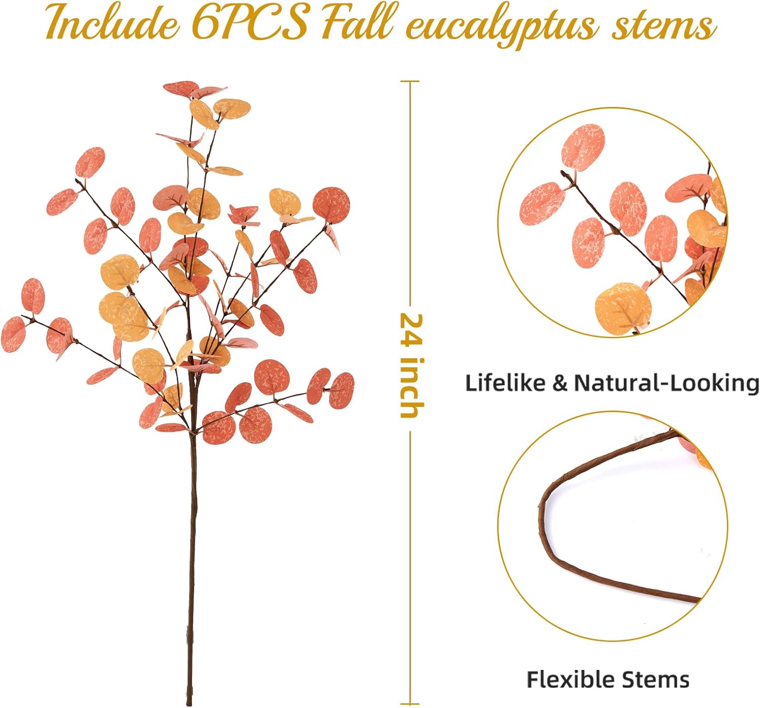 6 PCS Orange Artificial Fall Flowers Stems Autumn Decor, Fake Eucalyptus Leaves Home Decor Indoor, Faux Preserved Eucalyptus Branches Fall Stuff for Thanksgiving Halloween Fall Floral Arrangements - Image 3