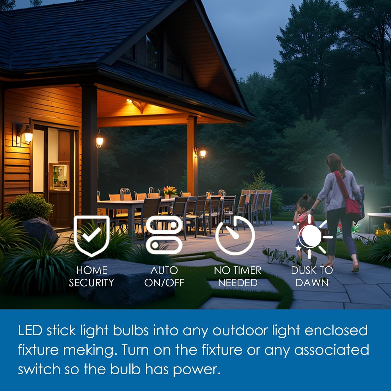Jolux 2 Pack LED Stick Light Outdoor,Dusk to Dawn Bug Light for Porch 8.5W Auto On/Off, 40W Equivalent,Amber Light Bulb(2000K),E26 Base,Damp Rated,Patio,Deck,Backyard.