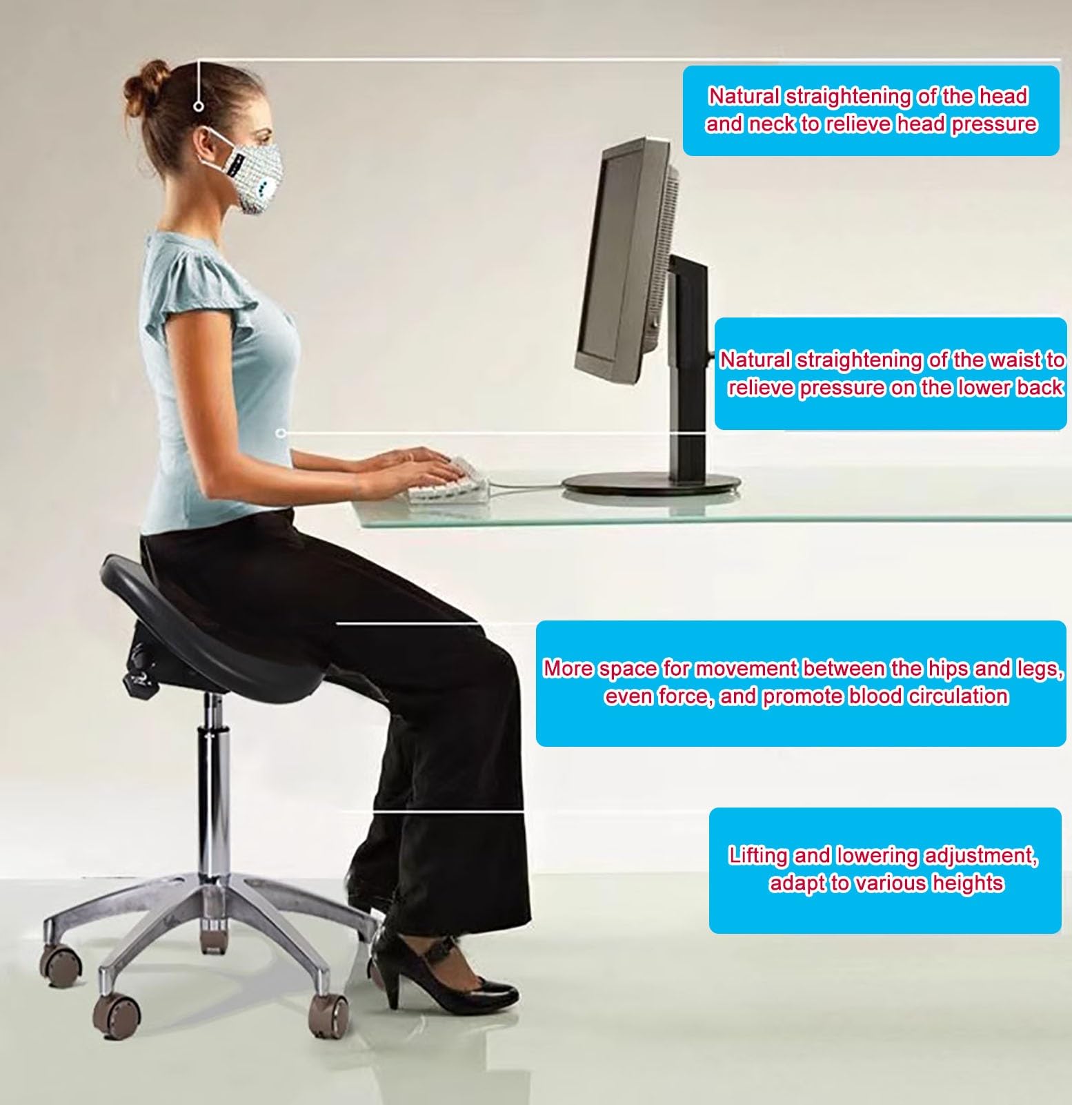 Ergonomischer Sattelstuhl mit Rückenstütze, medizinischer Rollhocker für Zahnarztpraxis & Zuhause, verstellbare Höhe & zwei Neigungsoptionen, Sattelstil geteilter Sitz Design