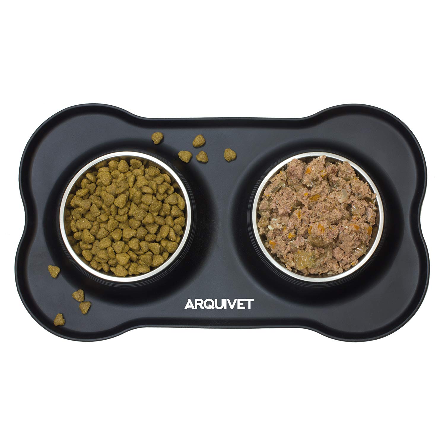 ARQUIVET Doppelter Futternapf und Trinknapf für Hunde und Katzen - Edelstahlschüssel - rutschfeste und kippsichere Silikonbasis - Zubehör für Haustiere - 2 x 400 ml