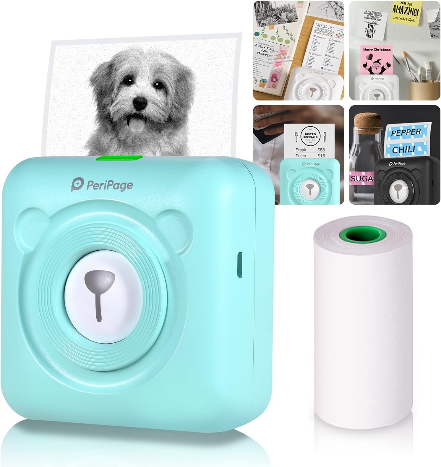 PeriPage Mini Pocket All-in-One Thermal Printer Wireless BT Picture Photo Label Memo Receipt Paper Printer AR Photo Function with USB Cable Support for Android iOS Smartphone Windows