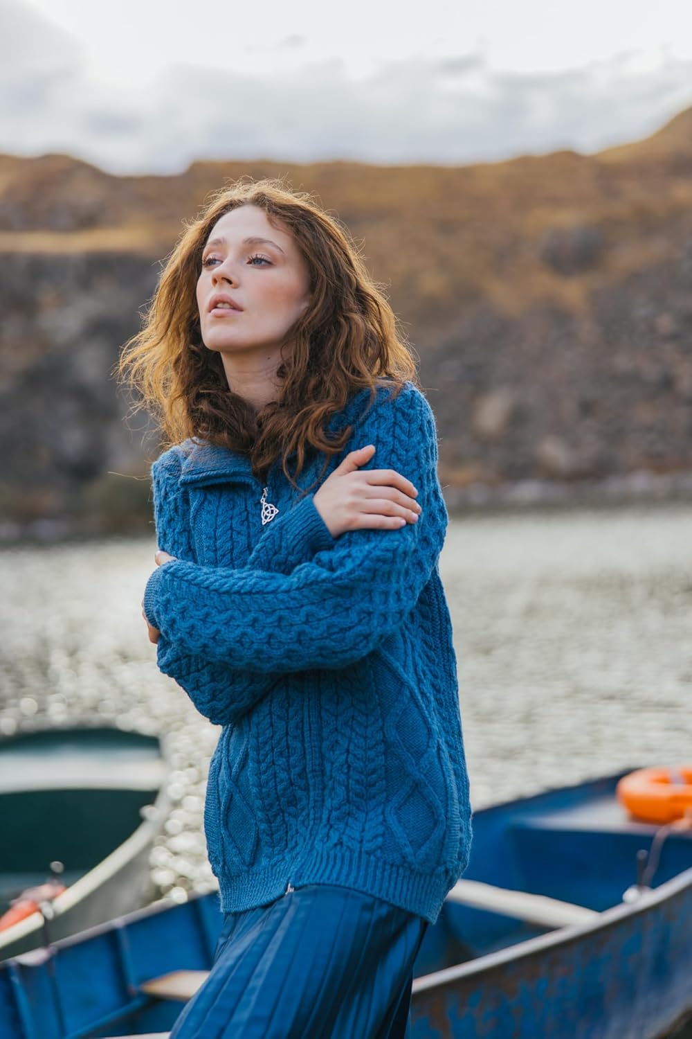 SAOL 100% Merino Wool Irish Cable Knit Zip Bomber Jacket with Pockets for Ladies