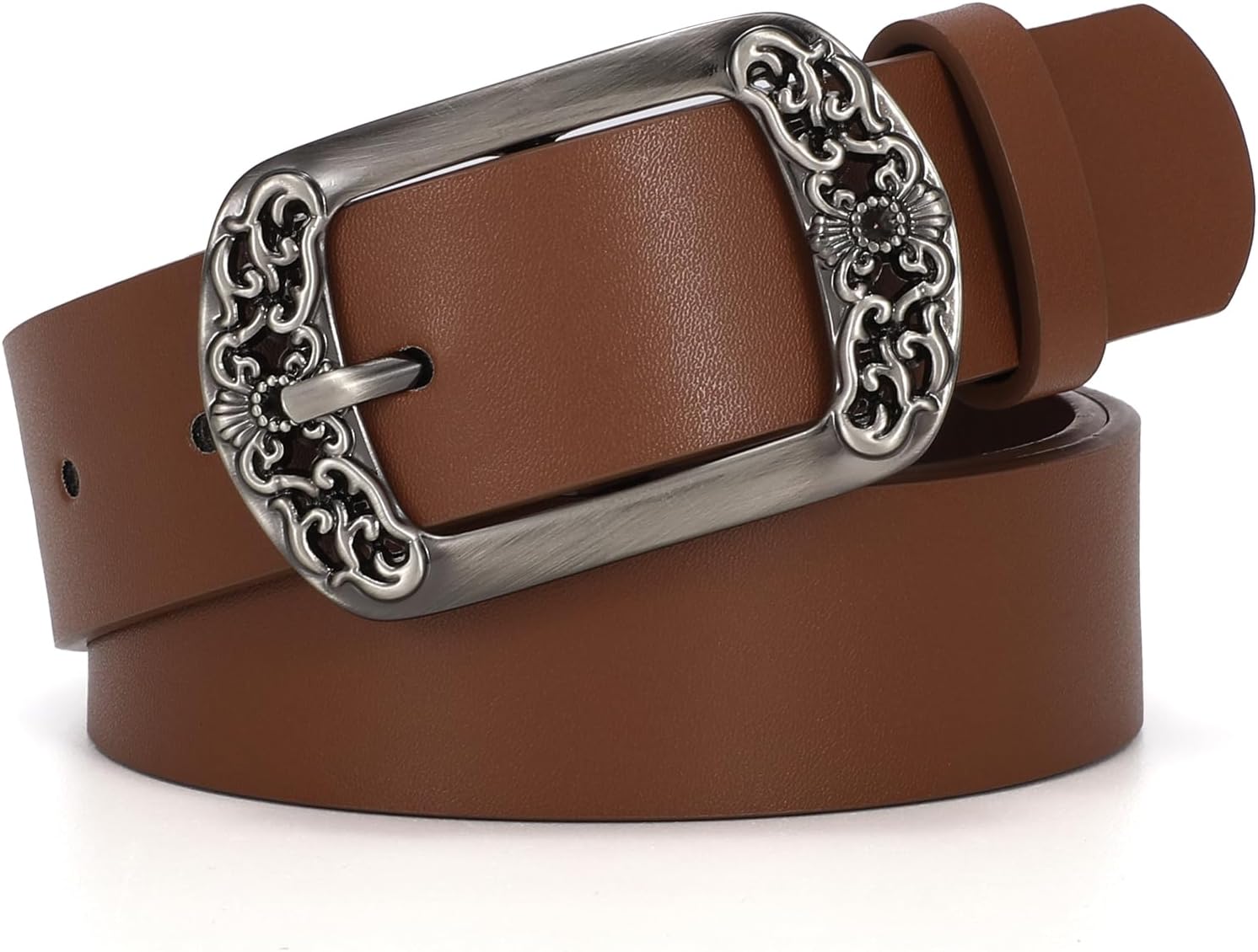 Vintage Flower Womens Leather Belt for Jeans Dress Fashion Waist Belt Ladies Belts with Black Buckle