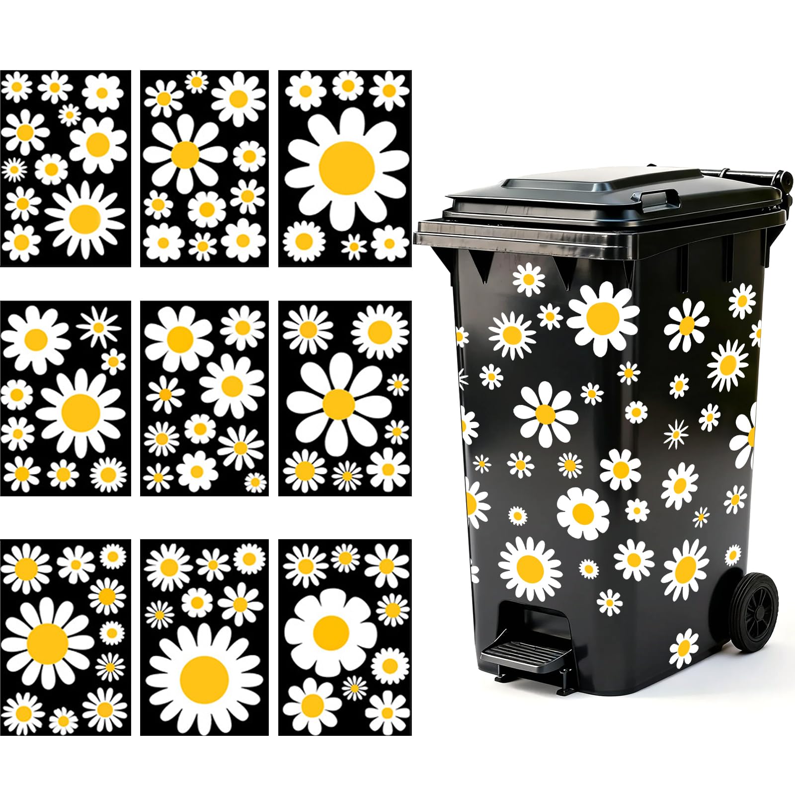 Wheelie Bin Stickers Flowers, 82PCS Flower Bin Sticker for Wheelie Bin Daisy Dustbin Sticker Self Adhesive Wheelie Bin Labels Waterproof Daisy Stickers for Bins,Fridge,House,Wall Decoration (9 Sheets)