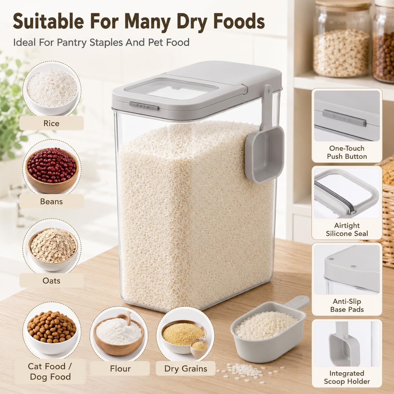 12.7 Qt Rice Storage Container, 25 Lbs Food Storage Flour Bin for Kitchen