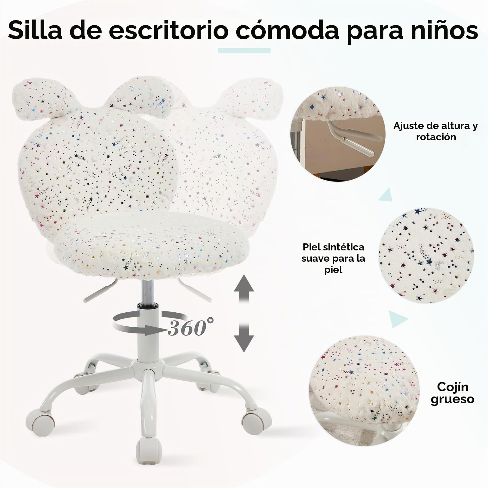 Ya-Home Silla Escritorio para Niña/Niño Diseño del Conejo,Beige | Lana Sintética, Altura Ajustable, Giratoria, Ruedas, 5cm Cojín, Respaldo con Apoyo Lumbar, para Dormitorio/Tocador