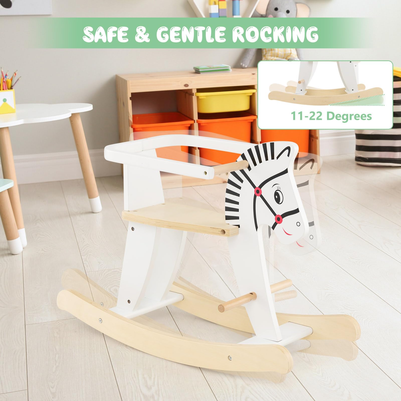 HOMASIS 2 in 1 Schaukelpferd Zebra, Baby Schaukelstuhl aus Holz, Weiß Schaukeltier mit Abnehmbarem Zaun & Griffe & Fußstütze, Schaukelwippe Tragkraft 40 kg, Schaukelspielzeug für Kinder ab 3 Jahren