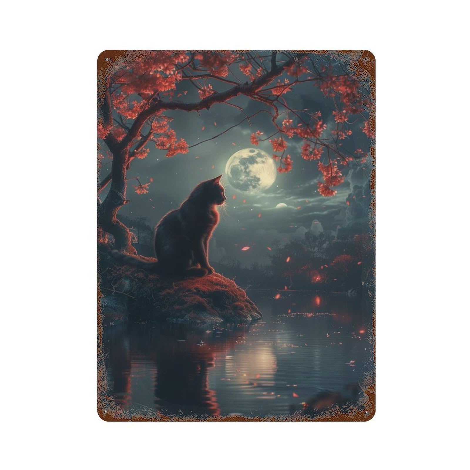 Cat Moon And Stars Rustic Tin Plaque 15.7"x11.8", for Shed, Workshop And Garage Wall Decor, Farmhouse Wall Decor