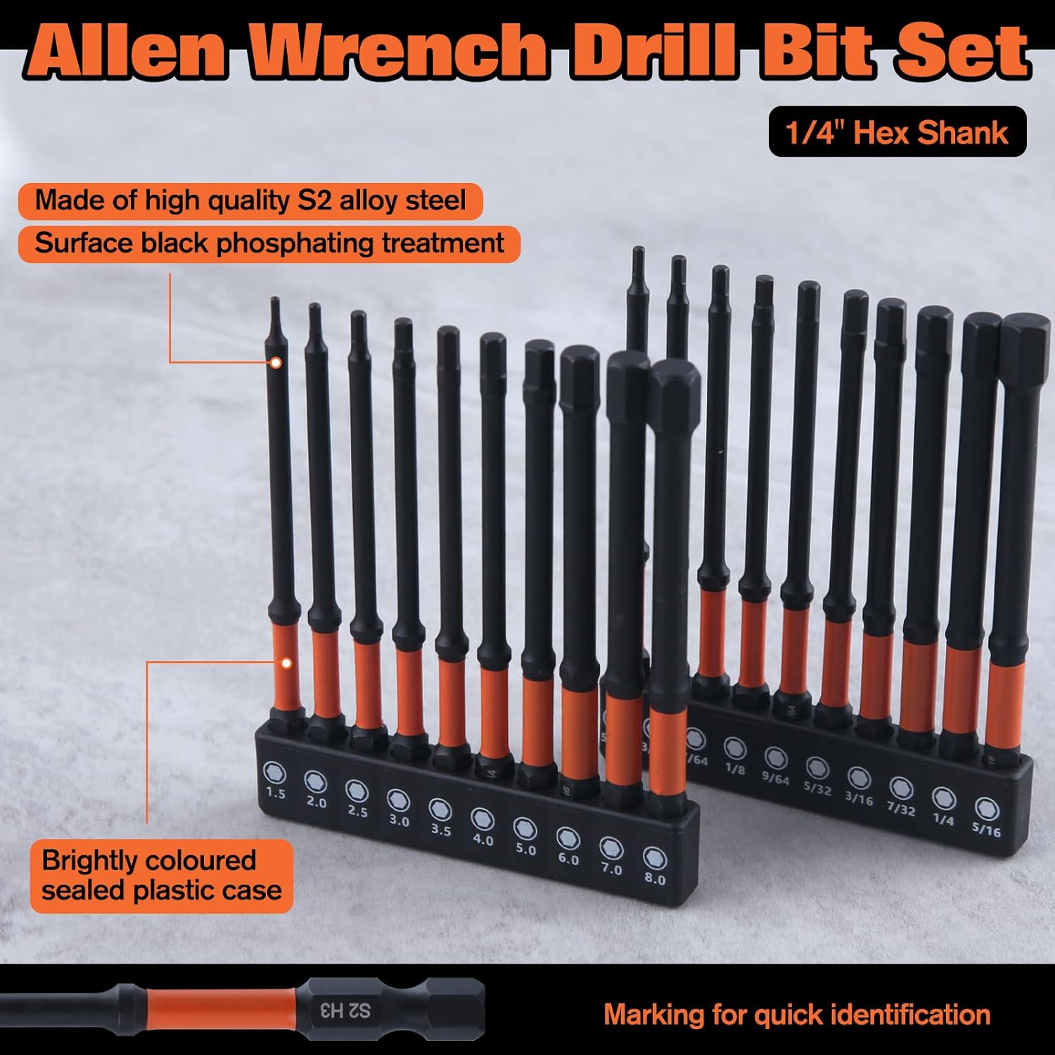 SPEEDWOX 20PCS Impact Hex Head Allen Wrench Drill Bit Set Metric & SAE 1/4" Hex-Shank S2 Alloy Steel Hex Bits Set Magnetic Tips Impact 4" Long Allen Wrench with Extension Socket Storage Box