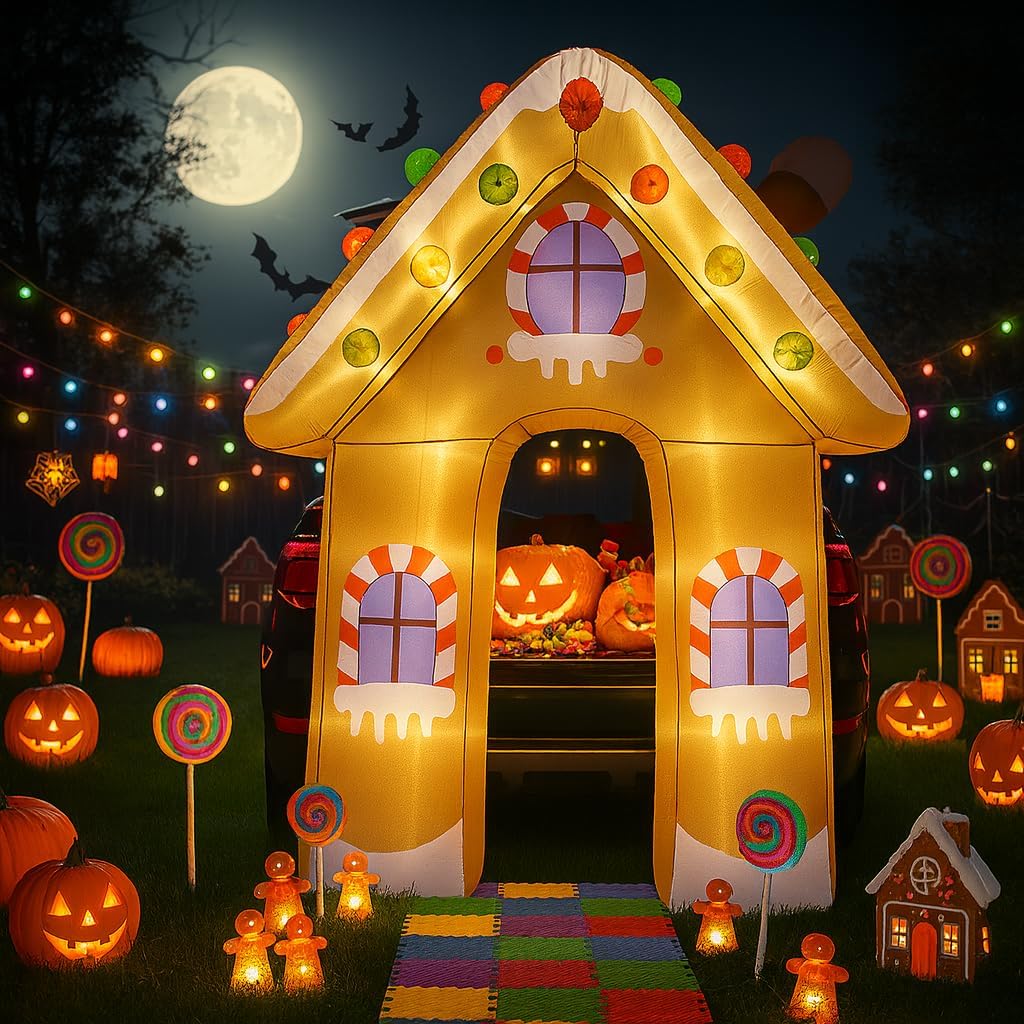 9FT Halloween Candyland Trunk or Treat Car Decorations Kit for SUV ?Inflatable Garage Door Car Decorations Haunted House Car for Halloween Outdoor Party Supplies Outside