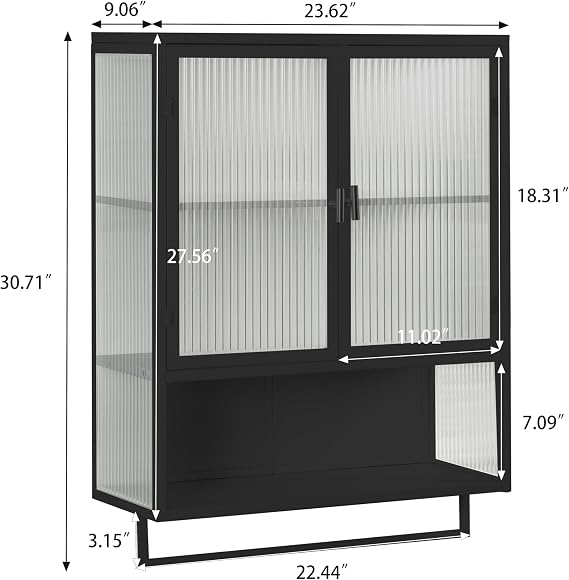 Tempered Glass Door Medicine Cabinet, Black Bathroom Cabinet Wall Mounted with Open Shelf and Towel Rack for Kitchen, 23.6 Small Medicine Cabinet Over The Toilet