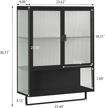 Tempered Glass Door Medicine Cabinet, Black Bathroom Cabinet Wall Mounted with Open Shelf and Towel Rack for Kitchen, 23.6 Small Medicine Cabinet Over The Toilet
