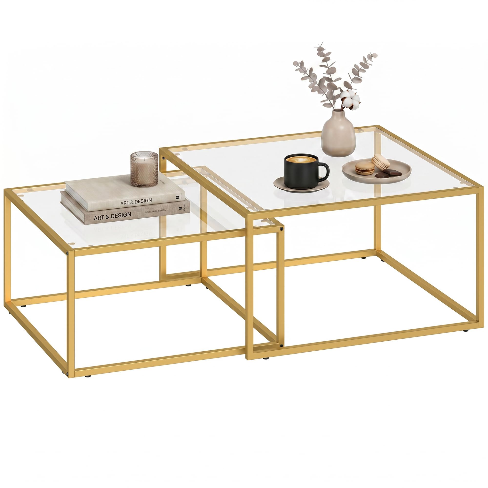 HOMCOM Set de 2 Mesas de Centro Cuadradas Modernas 75x75x42cm Dorado | Mesas Nido, Tablero de Vidrio Templado, Estructura Metálica, Ahorra Espacio, para Salón, Dormitorio u Oficina