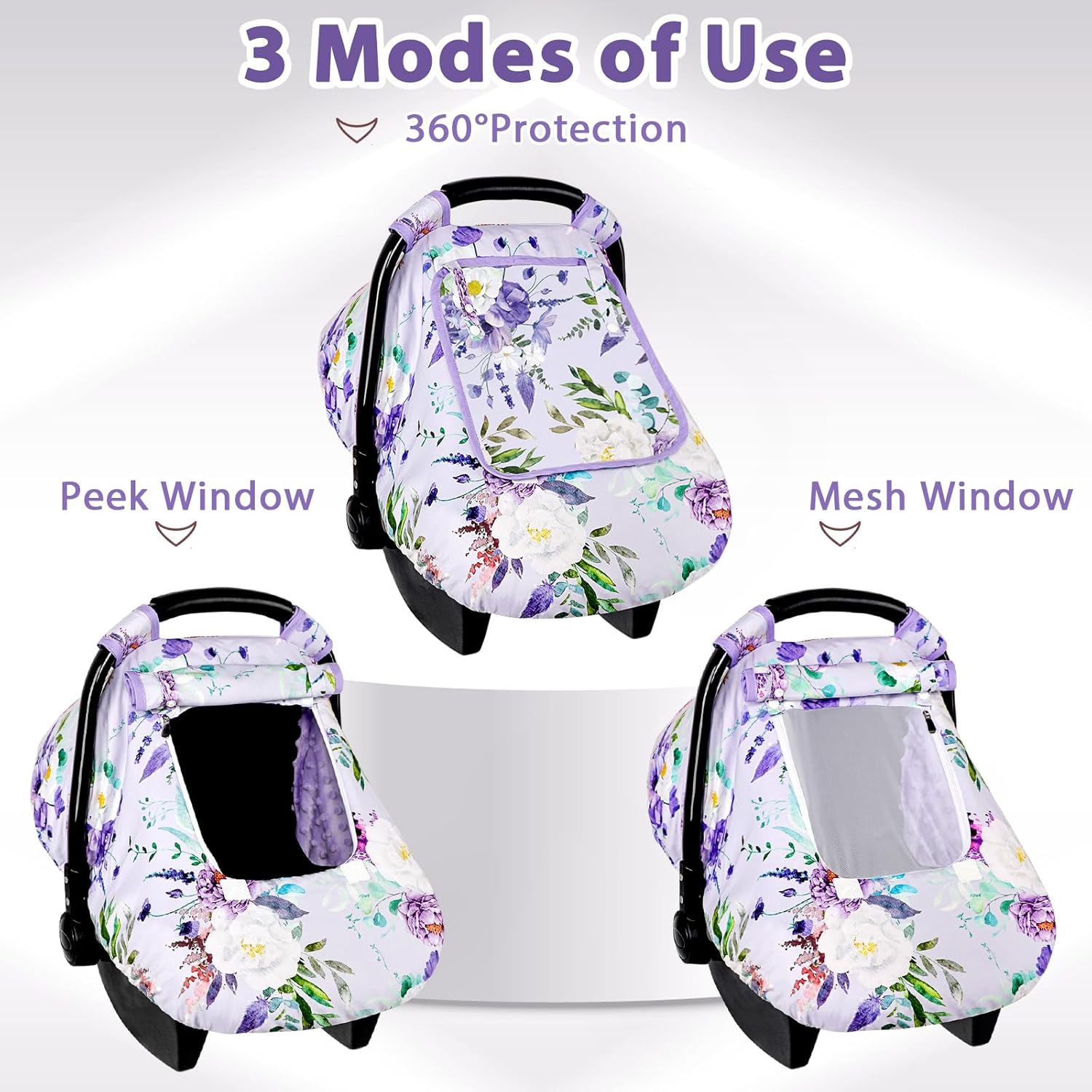 Infant Car Seat Insert & Car Seat Covers for Babies, Purple Baby Car Seat Head Support, Warm Infant Car Seat Cover, Windproof, Floral