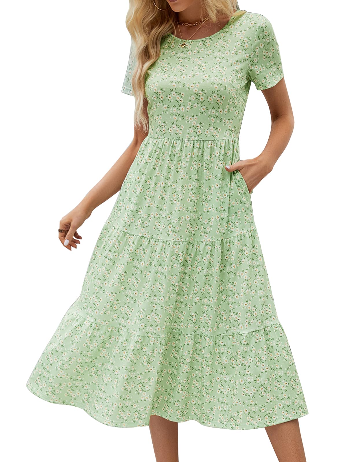 Sureple Spring Round Neck T Shirt Dress for Women Short Sleeve Midi Length,Swing Tiered Bobydoll Dresses with Pockets