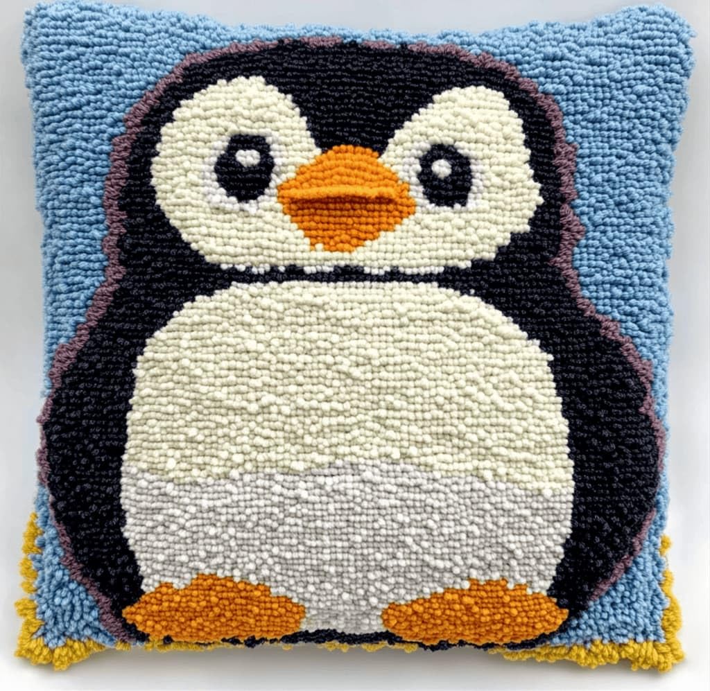 Kitquiver Latch Hook Kits Penguin for Adults,Beginners DIY Latch Hook Cushion Kits and Latch Rug Kits Cross-Stitch Embroidery Cushion Cover for Home Sofa Decoration 17X17 in