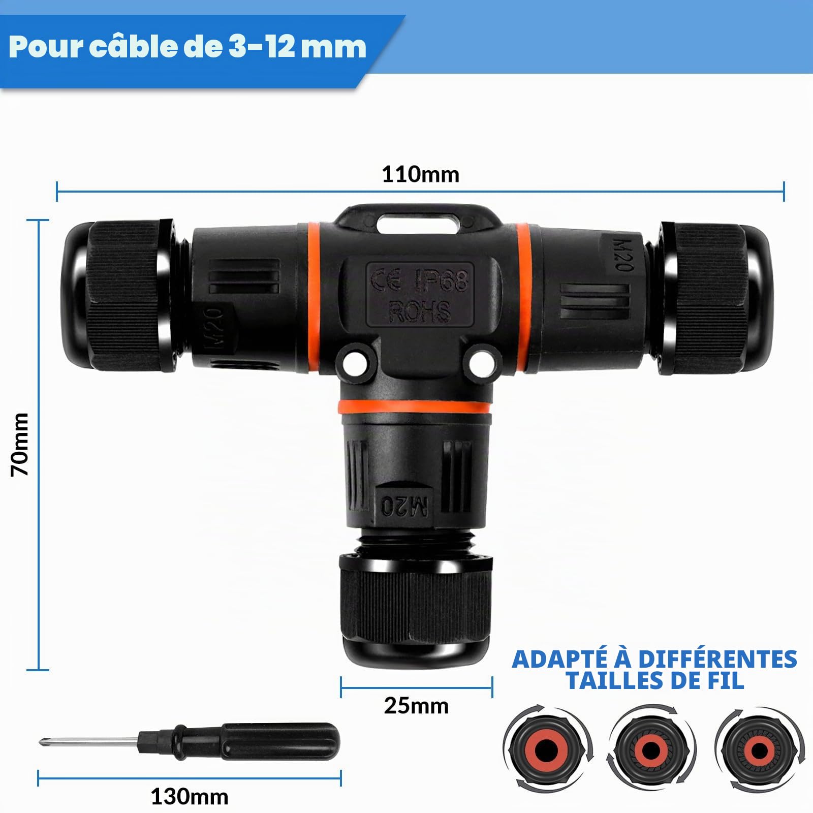 HIMOMO Connecteur de Câble Étanche IP68 – Boîte de Jonction en T à 3 Voies, 3 Broches, pour Câbles Ø 3–12 mm – Raccordement Électrique Extérieur