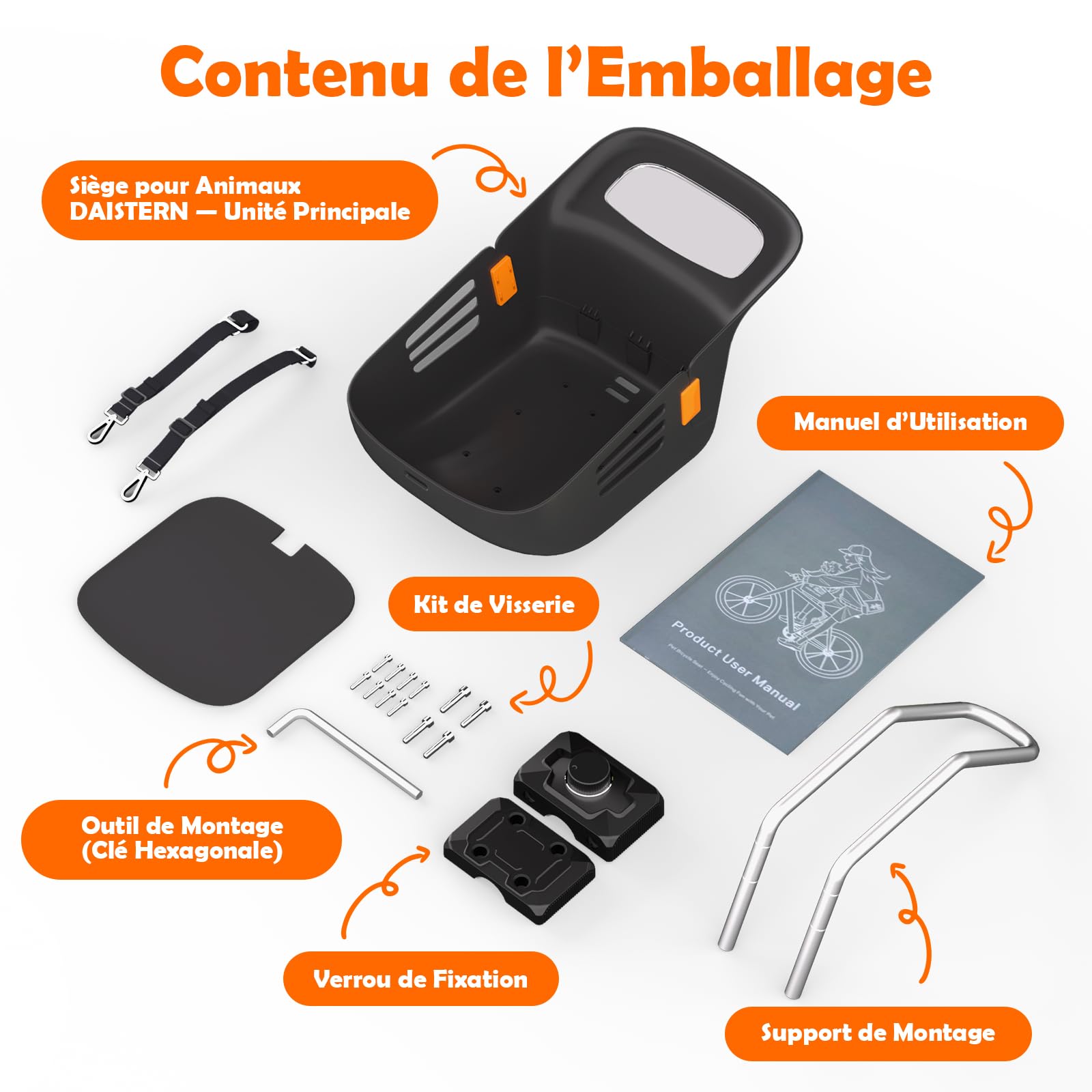 Panier de Vélo Avant pour Chien Chat 12KG, Siège Robuste Intégré, Coussin Nylon Imperméable, Sangles Réglables, Cadre Métal Antirouille