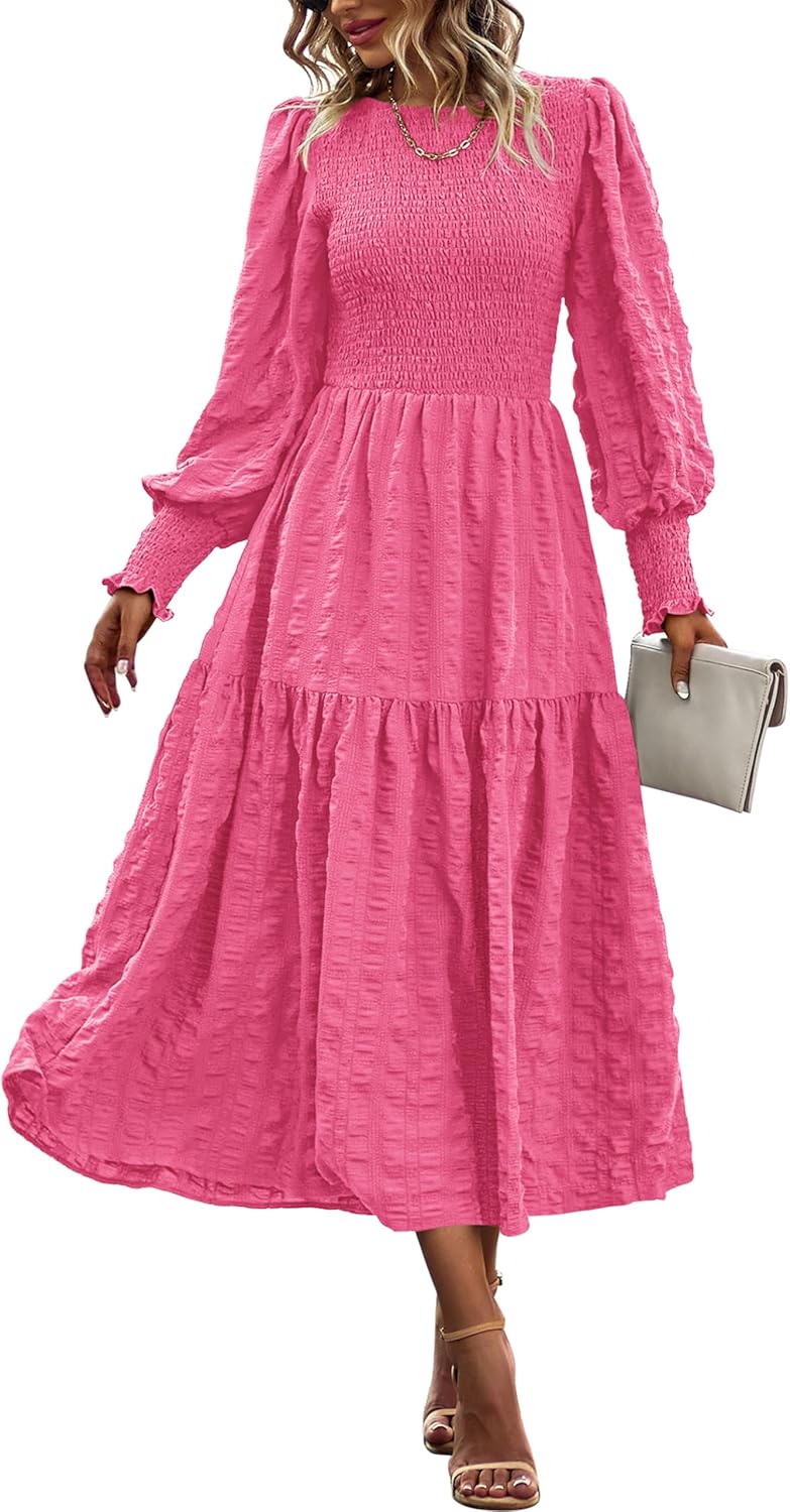 PRETTYGARDEN Women 2025 Spring Puff Long Sleeve Crewneck Smocked Maxi Dress Empire Waist Tiered A-line Swing Flowy Long Dress