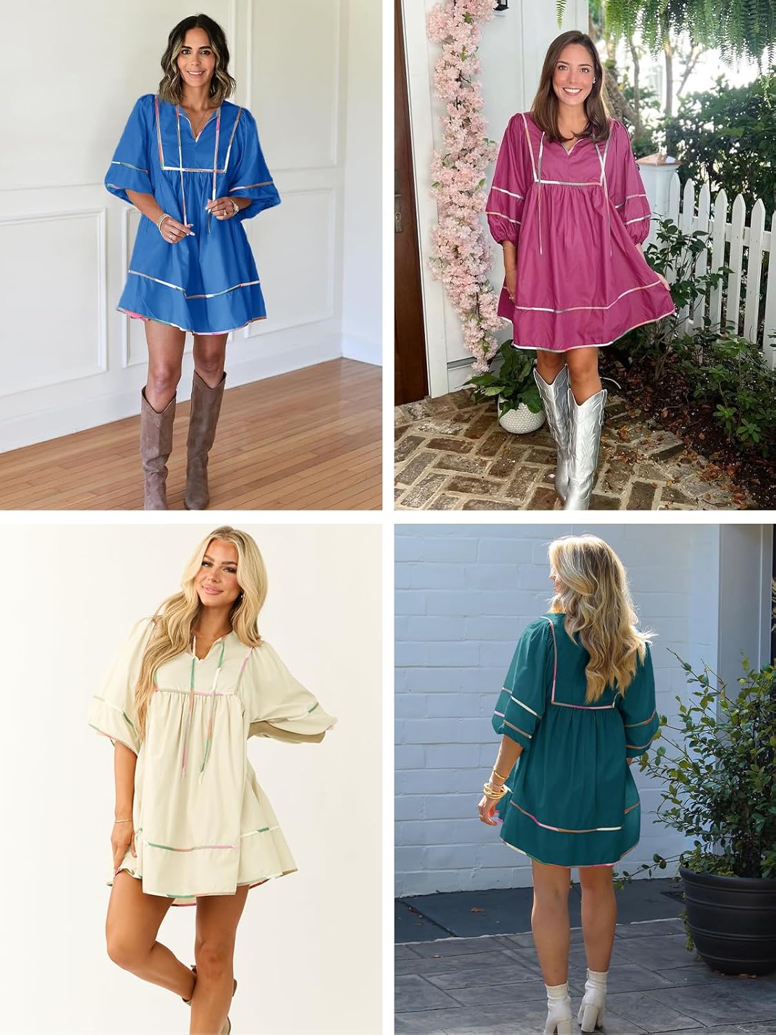 Cicy Bell Womens Babydoll Mini Dresses 3/4 Puff Sleeve V Neck Dress Casual Loose Fit Patchwork Pleated Swing Vacation Outfits - Image 6