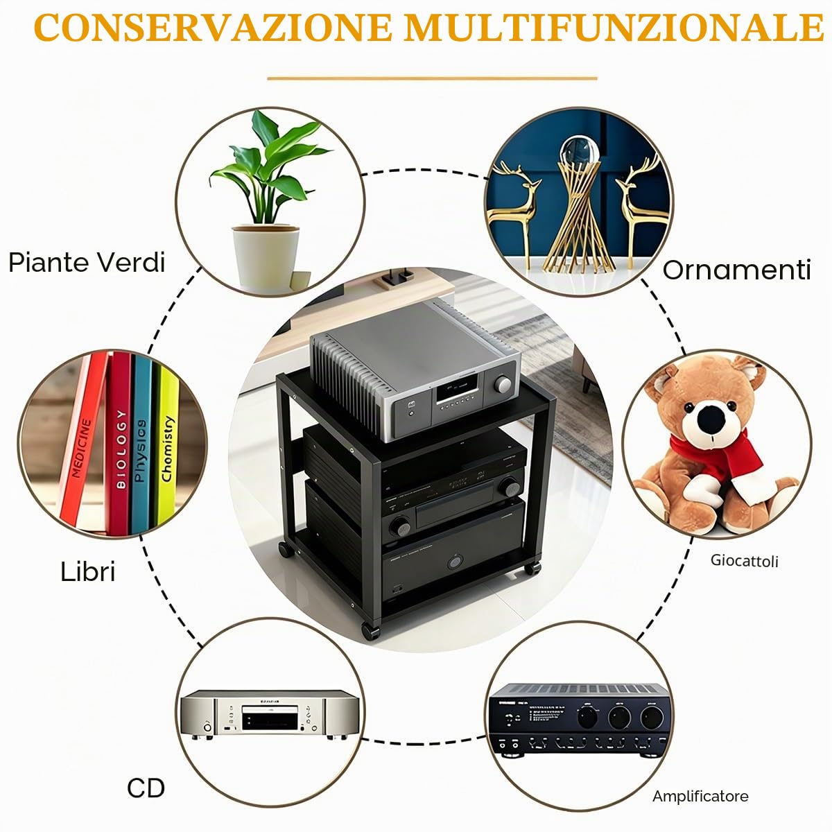 Mobile Stereo Hi Fi Rack Audio con ruote, Audio AV Tower Media Stand 2/3 livelli, supporto per amplificatore CD console(2-layer)