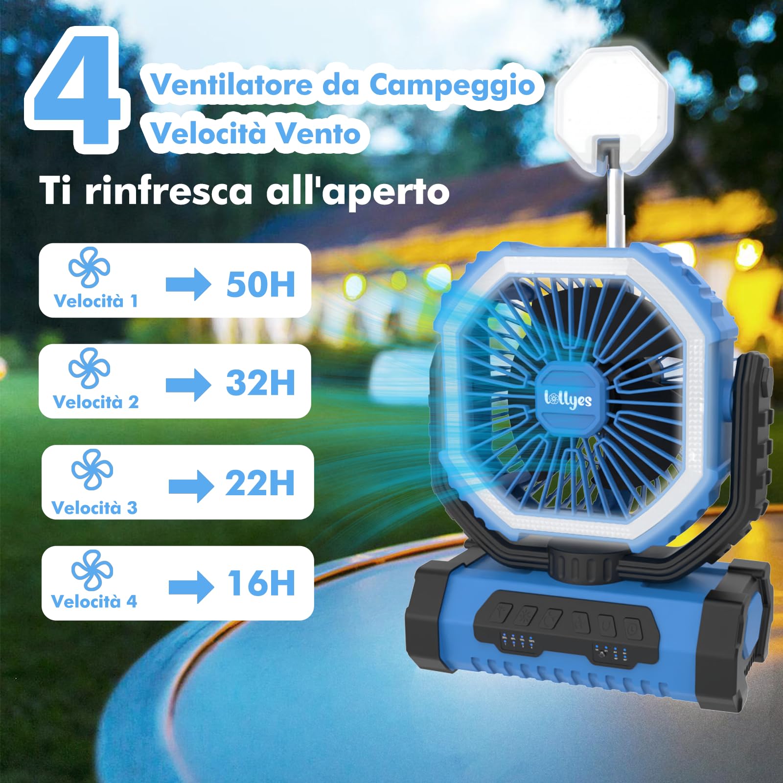 Ventilatore da Campeggio con Luce, Alimentazione a Batteria 20000mAh, Ventilatore Portatile Ricaricabile con Telecomando e Gancio Rotante a 360°, 4 Velocità per Interni, Viaggi, Camper (Blu)