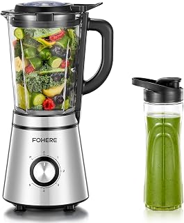 FOHERE Standmixer, 1100W Spitze, 1.5-Liter-Behälter, 5 Geschwindigkeitsstufe + Impulsfunktion, Mixer küche mit Tritan-Kunststoff Flasche 600ml, fu Ice-Crush-Funktion und, rutschfeste Füße
