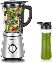 FOHERE Blender, 1100 W Max Power, Electric Blender Glass Bowl 1.5L, 600 ml Portable Bottle, 4 Stainless Steel Blenders, 5 Speeds + Pulse Blender Function, Smoothie, Easy to Use & Clean