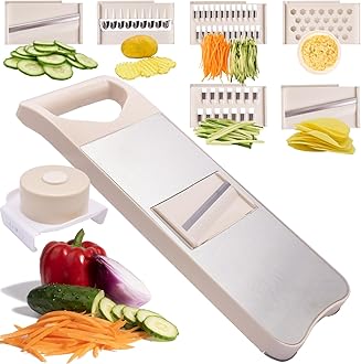 6-Blade Mandoline Slicer with Slide-On Hand Guard - Vegetable Chopper, Potato/Onion/Garlic Slicer, Kitchen Grater(Multi-Color) (Beige, 6-in-1)