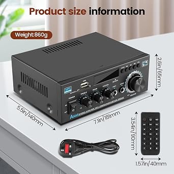 Stereo Audio Amplifier, Bluetooth 2.0 Amplifier HiFi for Speakers FM Radio, LCD Display & Remote Control, FM Radio Karaoke, USB/SD/RCA/MIC/FM in, for Home Speakers 40W x 2 with Power Amplifier