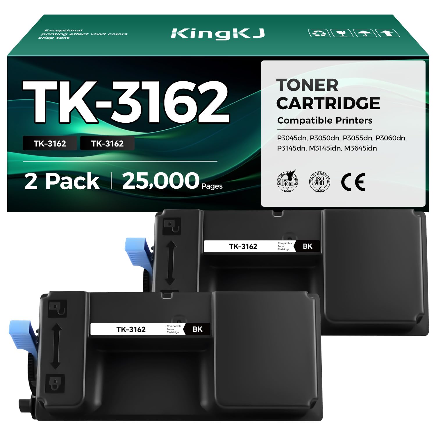 TK-3162 TK3162 Toner Cartridge Black 2-Pack High Yield With Chip Replacement for Kyocera TK-3162 1T02T90US0 Compatible with ECOSYS P3045dn P3050dn P3055dn P3060dn P3145dn M3145idn M3645idn Printer Ink