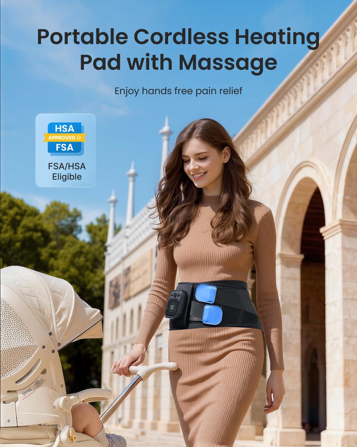 RENPHO Cordless Heating Pad for Back & Period Pain Relief, Valentines Day Gifts for Him Her, Portable Wireless Heat Pad with Massager, 5 Heat 3 Vibration, Birthday Gifts for Women Men 90-310 lbs - Image 3