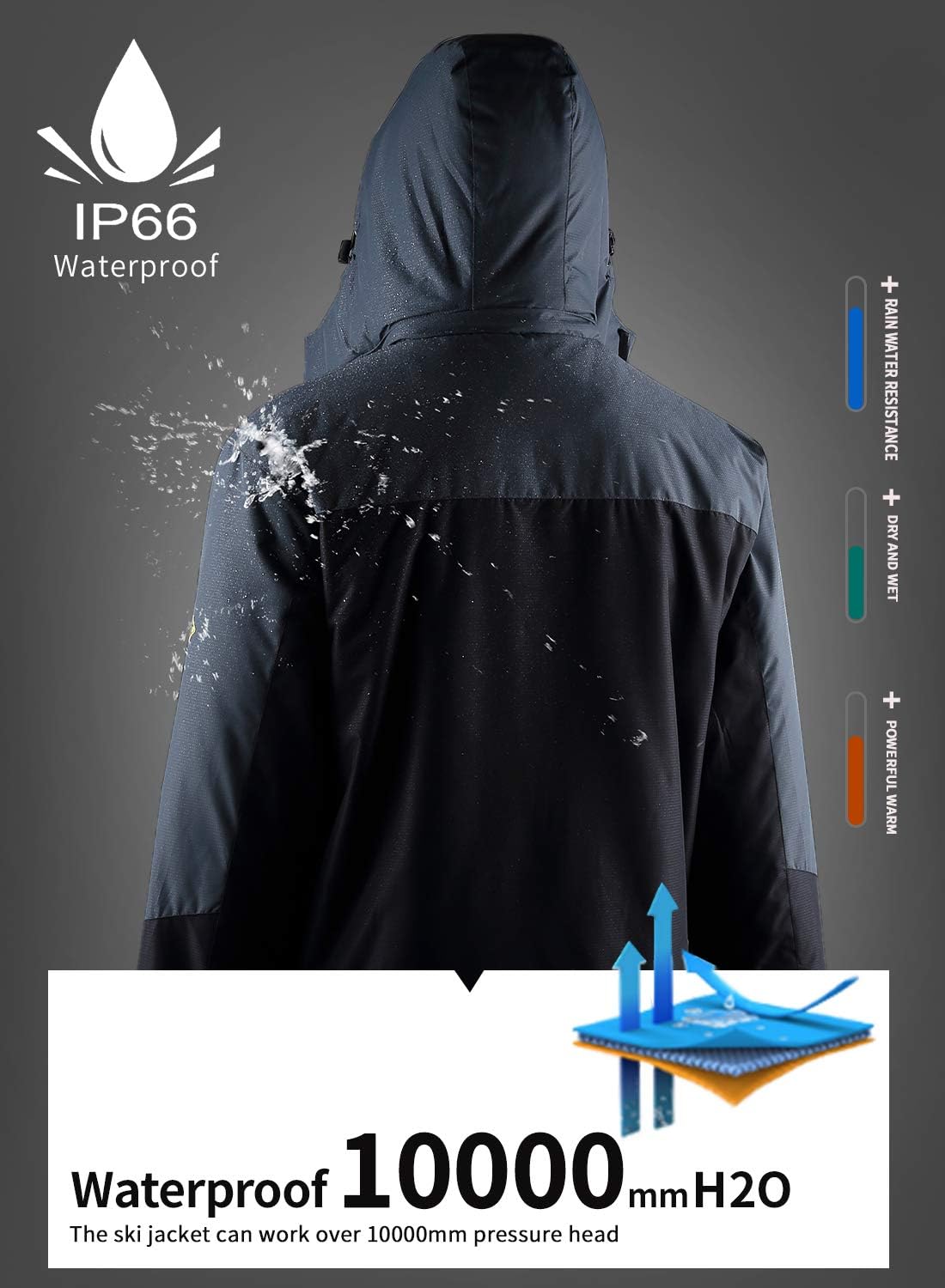 Men's Mountain Waterproof Ski Jacket Windproof Rain Jacket U219WCFY028-Gray-M