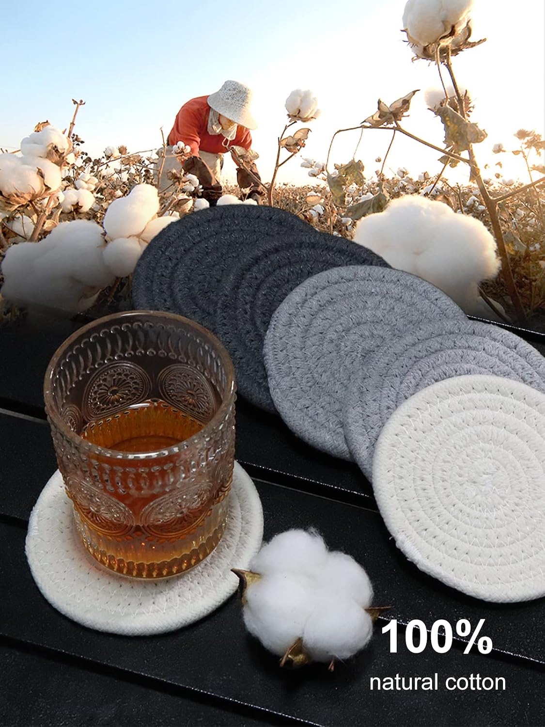 Coomin Drink Coasters, Handmade Braided Coasters for Coffee Table, Super Absorbent Heat-Resistant Coasters for Drinks Great Housewarming Gift (Dark Grey, Light Grey, Beige, 6)