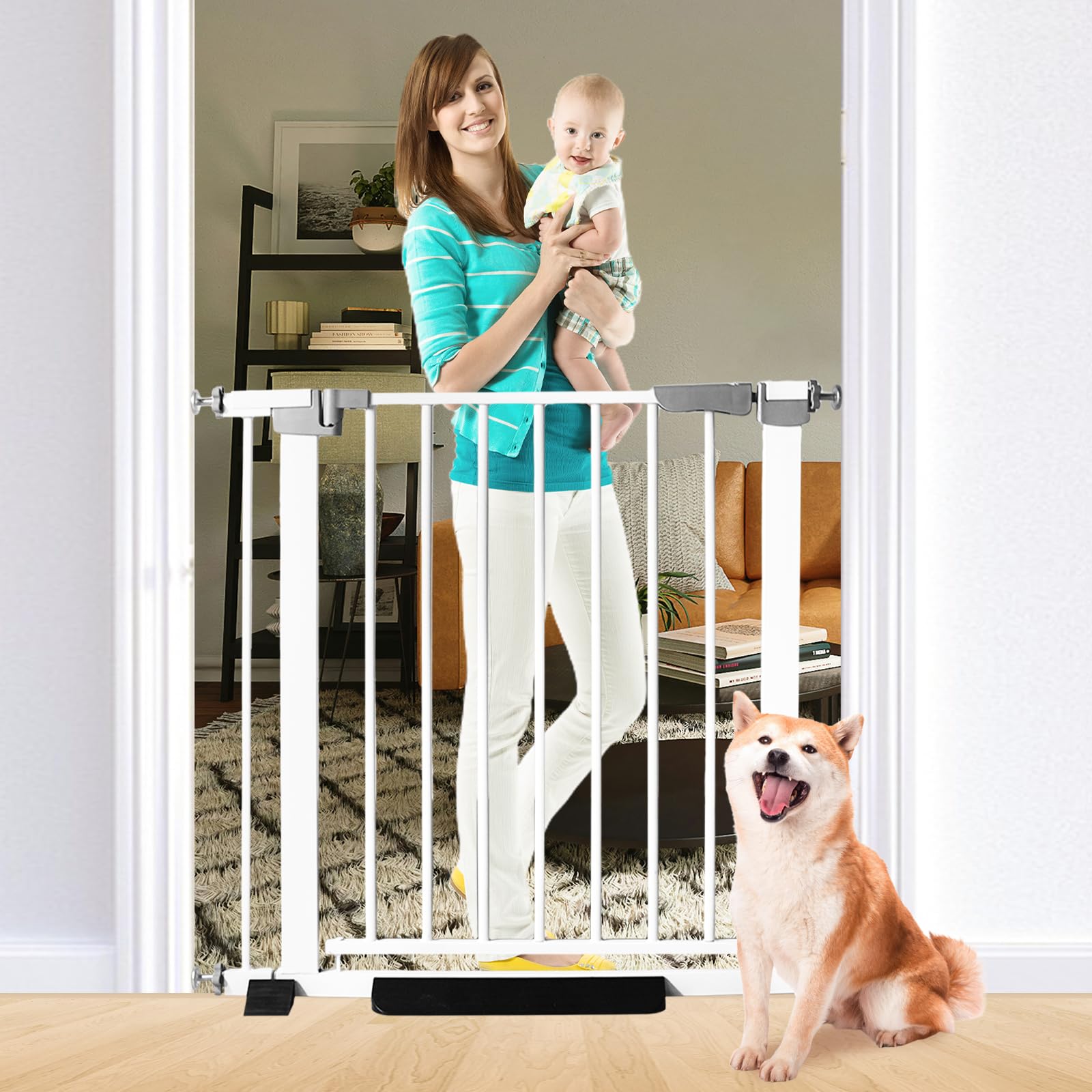 SHYUJAJIE 30 Inch Tall Cat & Dog Gate, Auto Close, Pressure Mounted, White, Alloy Steel, 29.92"-35.43" Wide, Baby & Pet Safety Gate